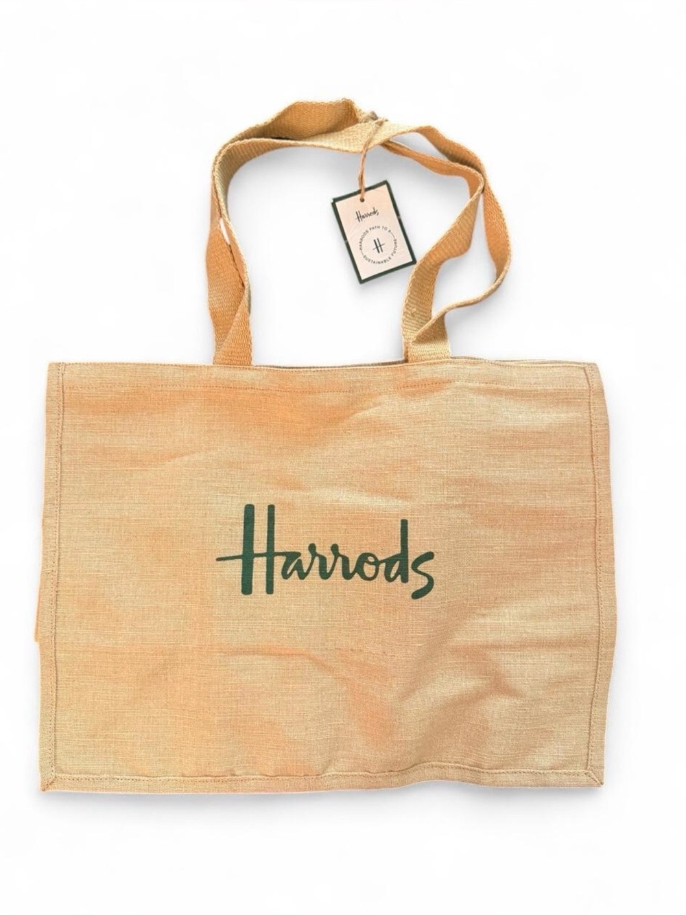 HARRODS NWT jute reusable tote bag with green logo on both sides.